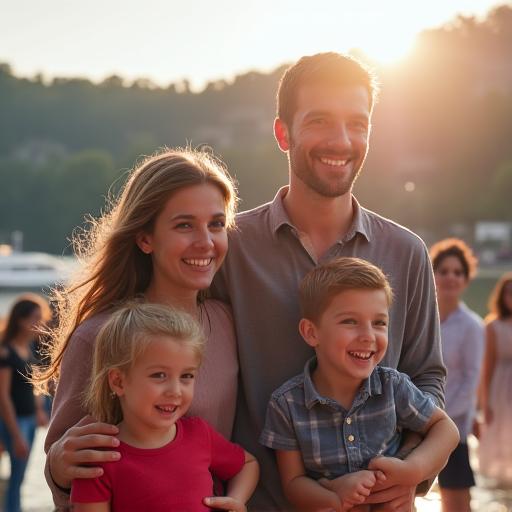 Familie vor der beeindruckenden Kulisse der Bregenzer Seebühne.