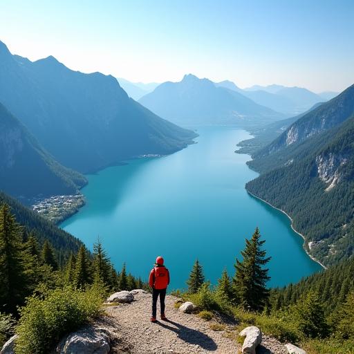 Wanderer auf dem Gipfel des Pfänders mit Blick auf den Bodensee.