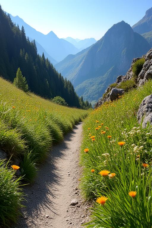 Ein schmaler Wanderpfad in den Vorarlberger Alpen im Sommer.