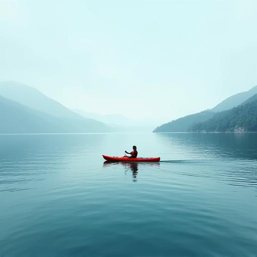 Eine Person fährt mit dem Kajak auf dem ruhigen Bodensee.