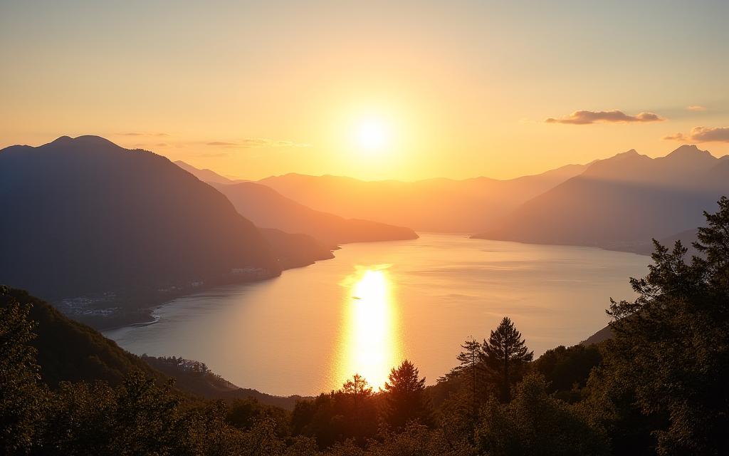 Panoramablick über den Bodensee mit den Alpen im Hintergrund bei Sonnenaufgang.