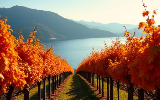 Herbstliche Weinberge mit Blick auf den Bodensee.