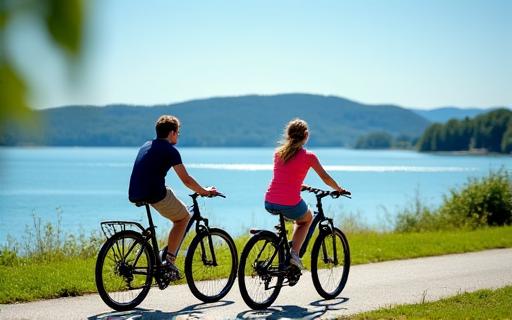 Zwei Personen machen eine Radtour am Ufer des Bodensees im Sommer.